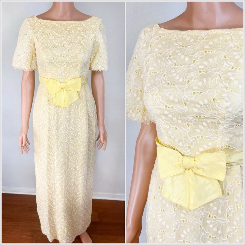 Vintage 60s Yellow Eyelet Maxi‎ Dress // Size XS